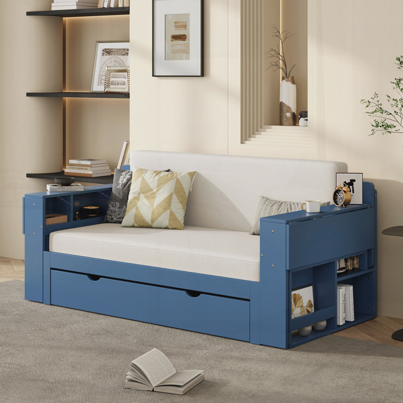 Lit de jour moderne avec bureau amovible, tiroirs de rangement et table d'appoint hydraulique, Bleu, Double
