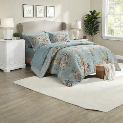 Ensemble de literie simple TG de style rétro, imprimé floral bleu doux, confort toutes saisons