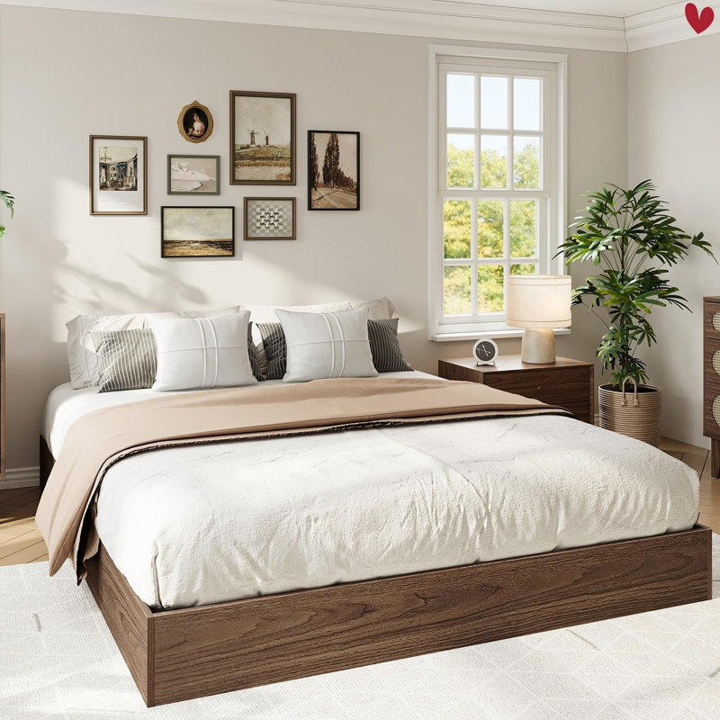 Wood Platform Bed w/ Sturdy Wooden Slats, Floor-Standing Bed Frame, Modern Minimalist Design Space-Saving Bed Frame, No Box Spring Needed