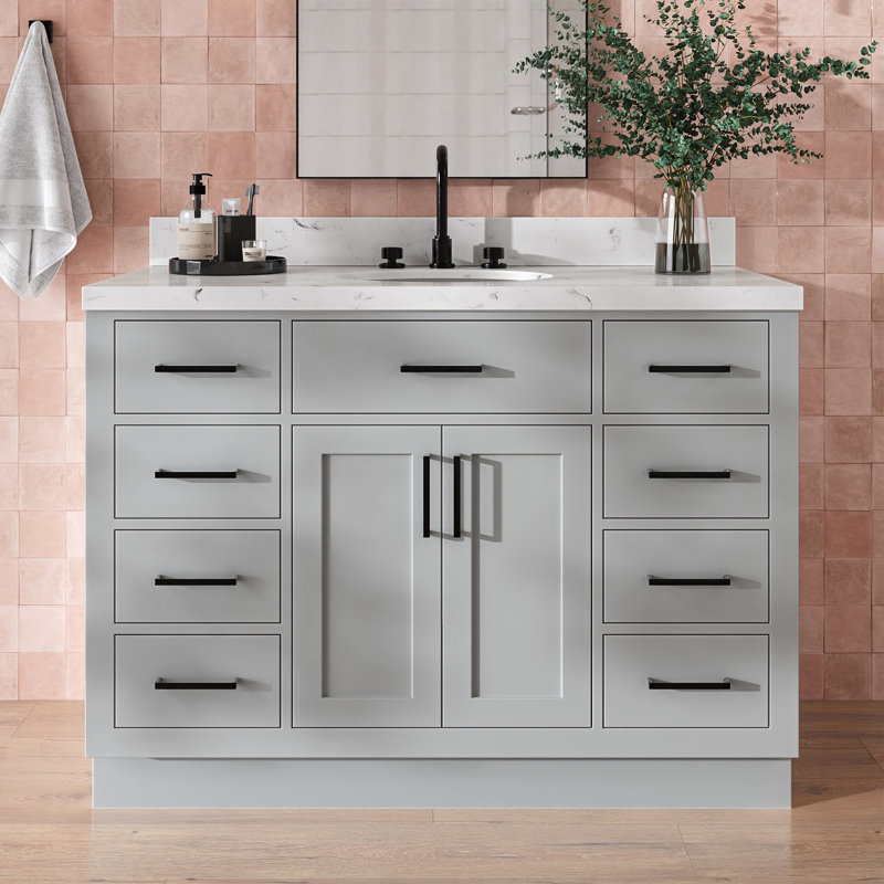 Tidworth 48'' Solid Wood Single Bathroom Vanity with 1.5'' Carrara Quartz Top Sink, Gray, Oval