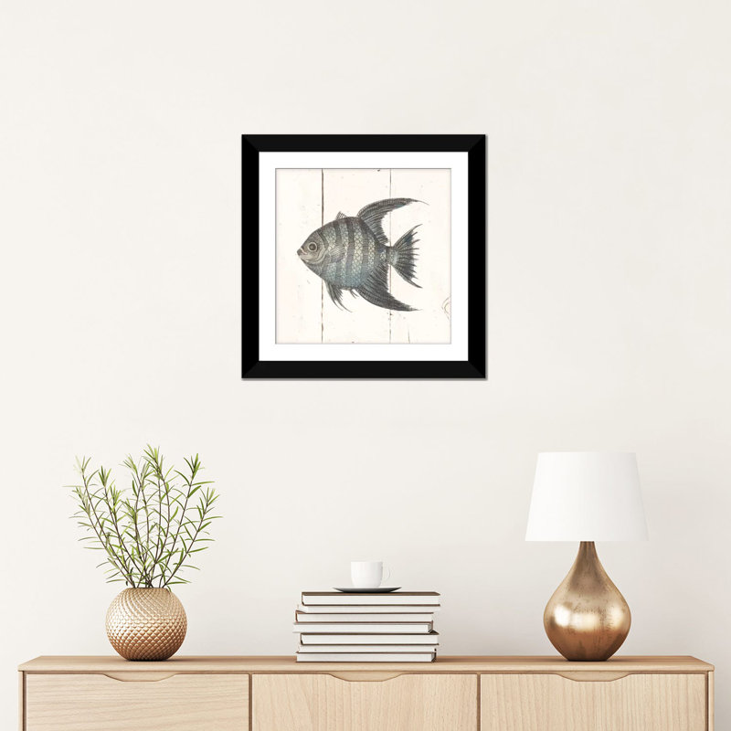 « fish sketches ii shiplap », impression sur toile, H 16 po x l 16 po x P 1 po, Papier d'art encadré noir, Blanc