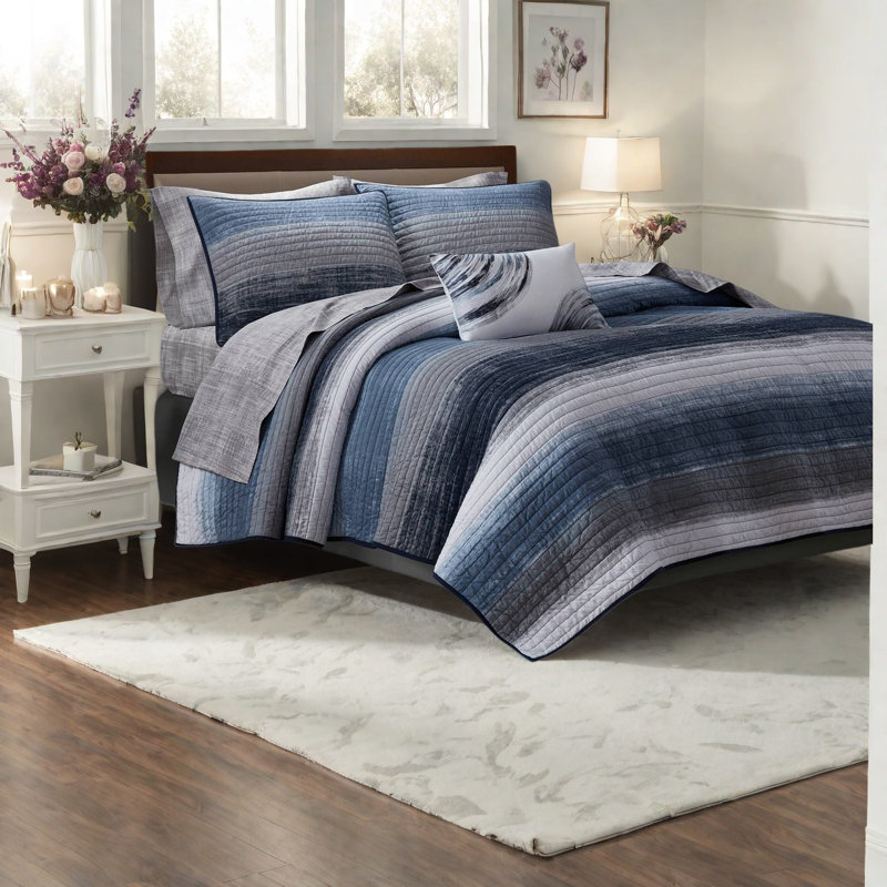 de literie pour très grand lit deux pièces avec draps en coton, bleu marine, motif à rayures moderne