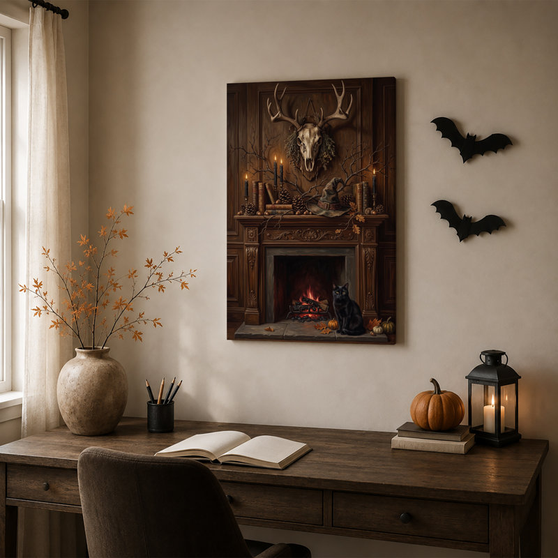 Automne, art mural sur toile Halloween avec crâne de cerf et chat noir, H 18 po x l 12 po