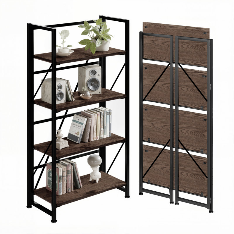 4-Tier Folding Bookshelf with Easy Assembly, Space-Saving Storage Shelf for Small Spaces, Rustic Display Rack for Home or Office
