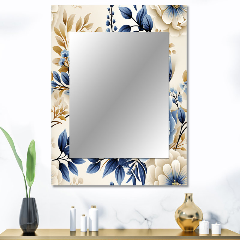 Banu Classic Blue Harmony Bouquet - Floral Large Wall Mirror, Cottage Decorative Mirror, Printed Metal Art, 40" x 30"