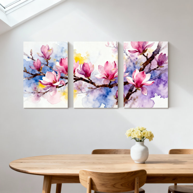 Magnolia rose Magnolia en fleurs sur des branches avec fond aquarelle, ensemble de 3 impressions sur toile, H 18 po x l 36 po