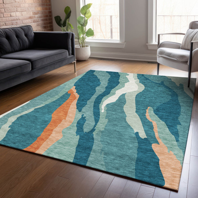 Teal and Orange Abstract Washable Synthetic Area Rug