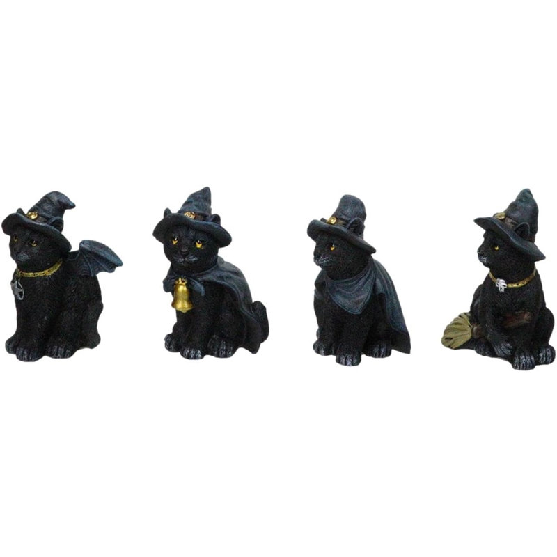 Ensemble de 4 mini figurines d'Halloween chats noirs avec chapeaux de sorcière