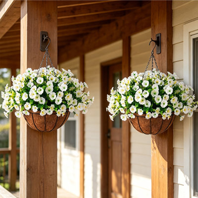 2Pcs Artificial Fake Hanging Flowers Plants Baskets Outdoor Decor, With 2Pcs Hanging Basket Outdoor Faux Silk Morning Glory Eucalyptus in Planter UV Resistant Realistic for Outside Porch Patio Balcony Garden Yard Home