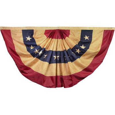 Vintage Style Tea Stained USA Pleated Fan Flag 1.5x3 Foot Polyester - Embroidered Stars and Sewn Stripes - Antiqued USA Pleated Fan Flags with Brass Grommets 1.5 X 3 Ft