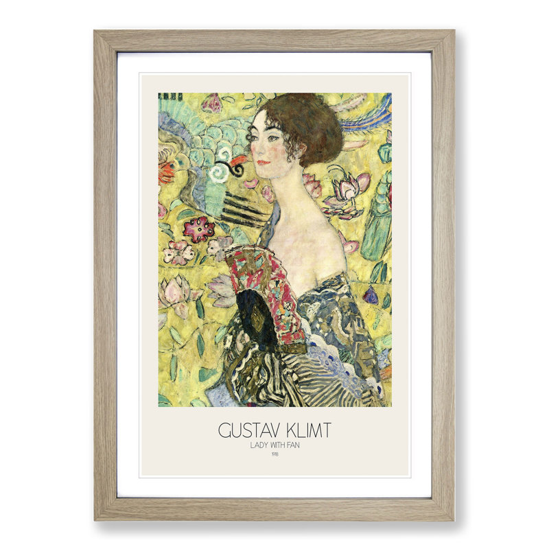 Lady with Fan with Border by Gustav Klimt - Picture Frame Painting, 48cm H x 36cm W x 2cm D, Oak Framed