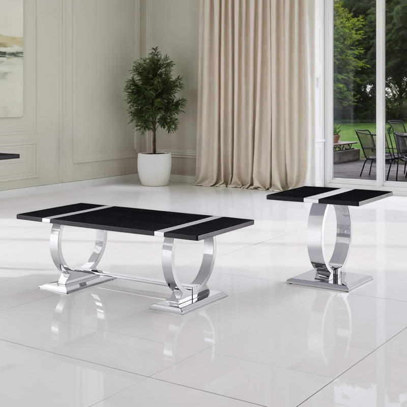 Ensemble de tables basses en O 2 pièces avec base en tréteaux, 2 Pieces: Coffee Table, End Table, Silver
