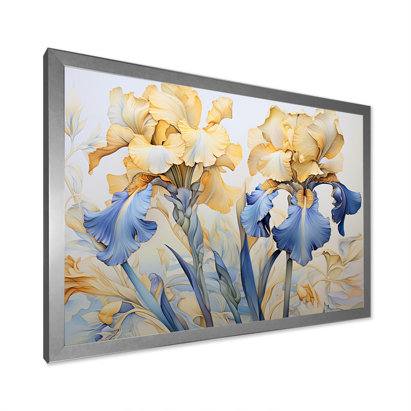 «Golden Blue Irises Melody I» sur toile, Cadre photo argenté, H 30 po x l 40 po