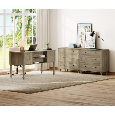 Ensemble de bureau et de commode en bois de style campagnard, commodes à 6 tiroirs, organisateur de rangement de garde-robe moderne en bois de style Mid-Century, bureau pour le bureau personnel, salon et chambre à coucher, blanc rustique
