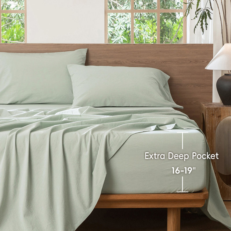 MooMee Fitted Sheet Only Extra Deep Pocket 100% Washed Cotton Linen Like Textured Lightweight Breathable, King, Sage Green