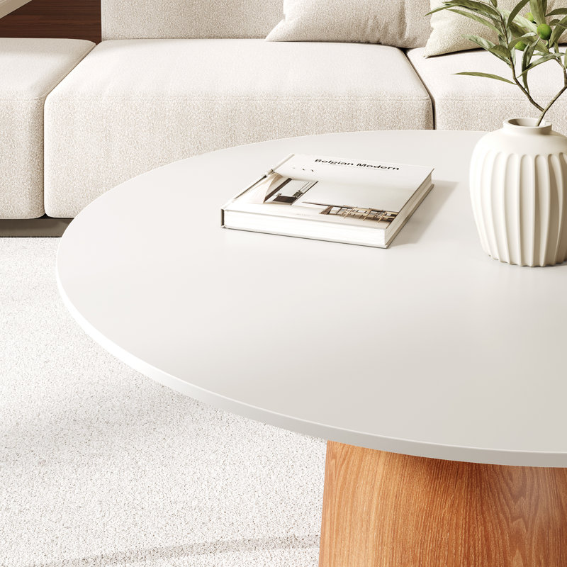 Table basse ronde Meranda en pierre de 41 po avec pied en bois massif pour salon et décoration intérieure, Gris blanc, Walnut