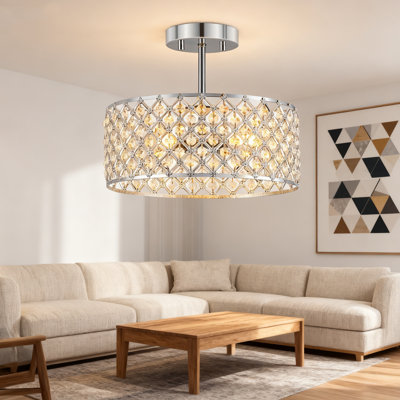 Modern Crystal Semi-Flush Mount Ceiling Light Fixture, 3-Light Small Chandelier With Chrome Finish For Dining Room, Kitchen, Bedroom, Hallway, And Entryway