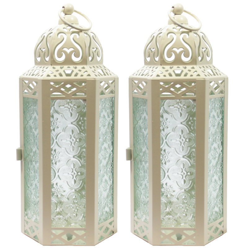 Moroccan Candle Lantern Decorative Candle Holder Lamp for Table or Hanging, Ramadan Decorations, Weddings, Indoor Home Decor, Outdoor Patio or Porch (Set of 2)