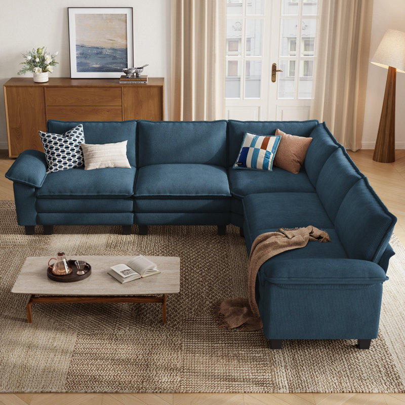  Colbey 119" Upholstered L-shape Modular Cloud Corner Sectional, Elio Navy Corduroy, 34.64" H x 119" W x 119" D