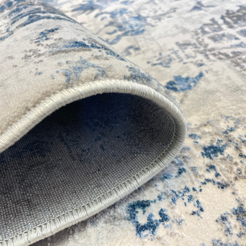 Tapis oriental tissé à la machine en gris / bleu, Rectangle 6 pi 7 po x 9 pi 6 po