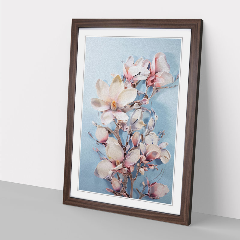 Magnolia Flower Expressionism No.3 - Single Picture Frame Print on Wood, 64cm H x 46cm W x 2cm D, Walnut Framed