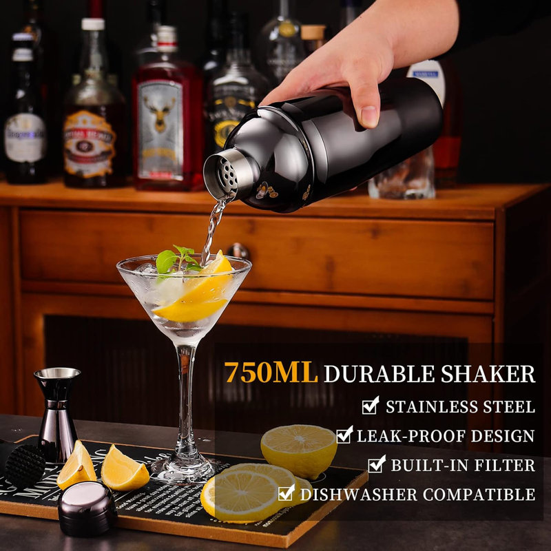Black Stainless Steel Bartender Kit with Bamboo Stand