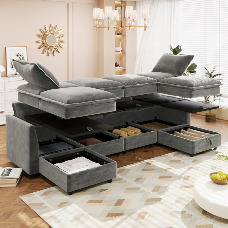Taquila U-Shaped Sleeper Sectional Modular Sofa Bed, Gray Polyester