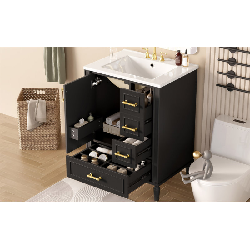 Meuble-lavabo moderne de 24 po avec lavabo en céramique, porte à fermeture douce, 3 tiroirs, poignées dorées et support de porte pour un rangement peu encombrant