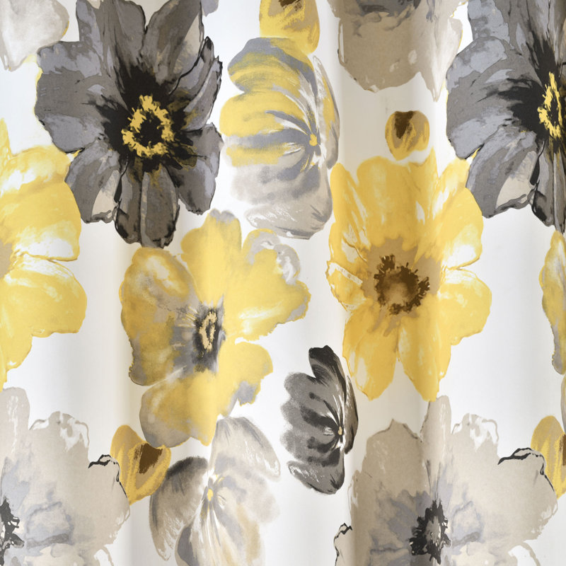 Yellow and Gray Floral Faux Silk Room Darkening Curtain Panels, 52"W x 84"L