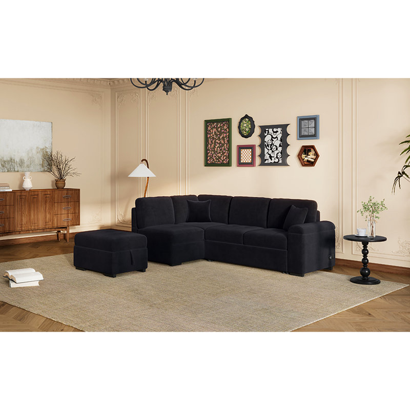 Coin en L avec charge et espace caché, canapé modulaire noir avec rangement pour accoudoirs, tissu, Velours noir