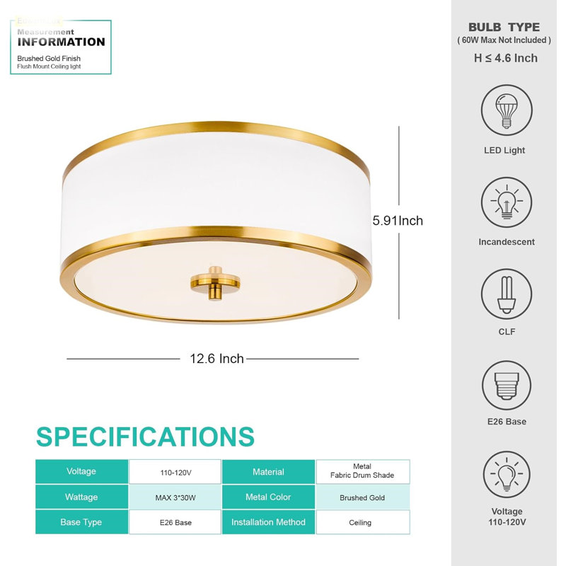 3-Light Flush Mount Ceiling Light Fixture 12.6" Drum Light With White Fabric Shade Modern Close To Ceiling Light(Brushed Gold)