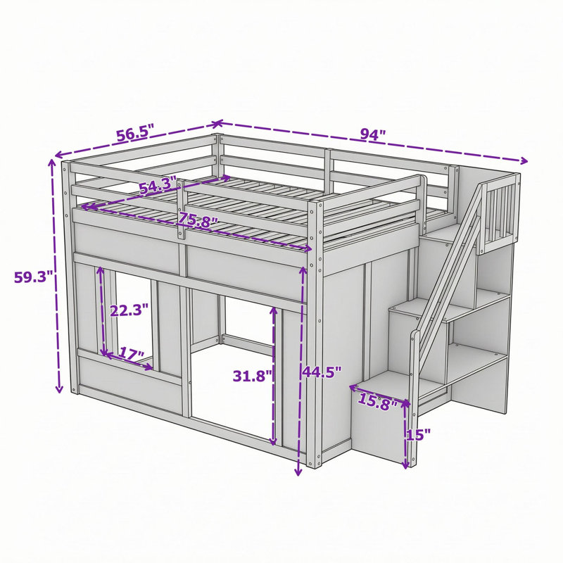 Lit superposé bas en bois avec escalier de rangement, éclairage DEL et barrières de sécurité complètes, Double sur double