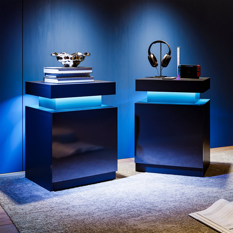 Black High Gloss LED Nightstand Set with Cabinet