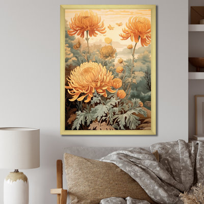 «Blooming White Orange Chrysanthemum Retro Art I», reproduction