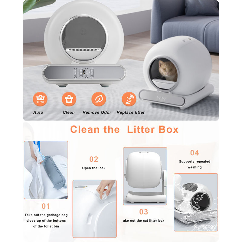 Bac à litière autonettoyant pour chat, bac à litière pour chat 65l autonettoyant très grand autonettoyant avec contrôle d'application / protection sûre / élimination des odeurs, bac à litière intelligent pour sacs à ordures pour chats multiples