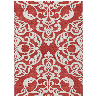 8' X 10' Red And Ivory Damask Washable Indoor Outdoor Area Rug