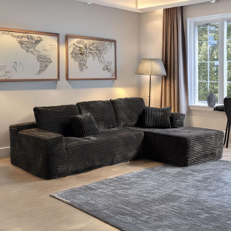 3 Seater Sofa & Chaise, Black