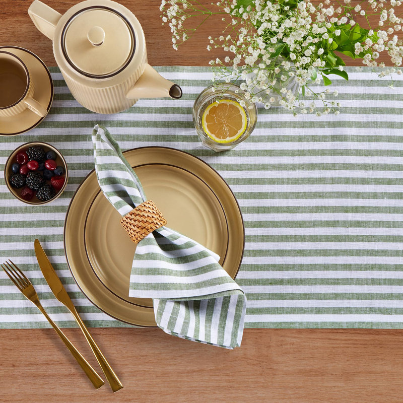 Amalfi Stripe - 100% Pure Linen Table Runner, Green/White, 144" x 14"