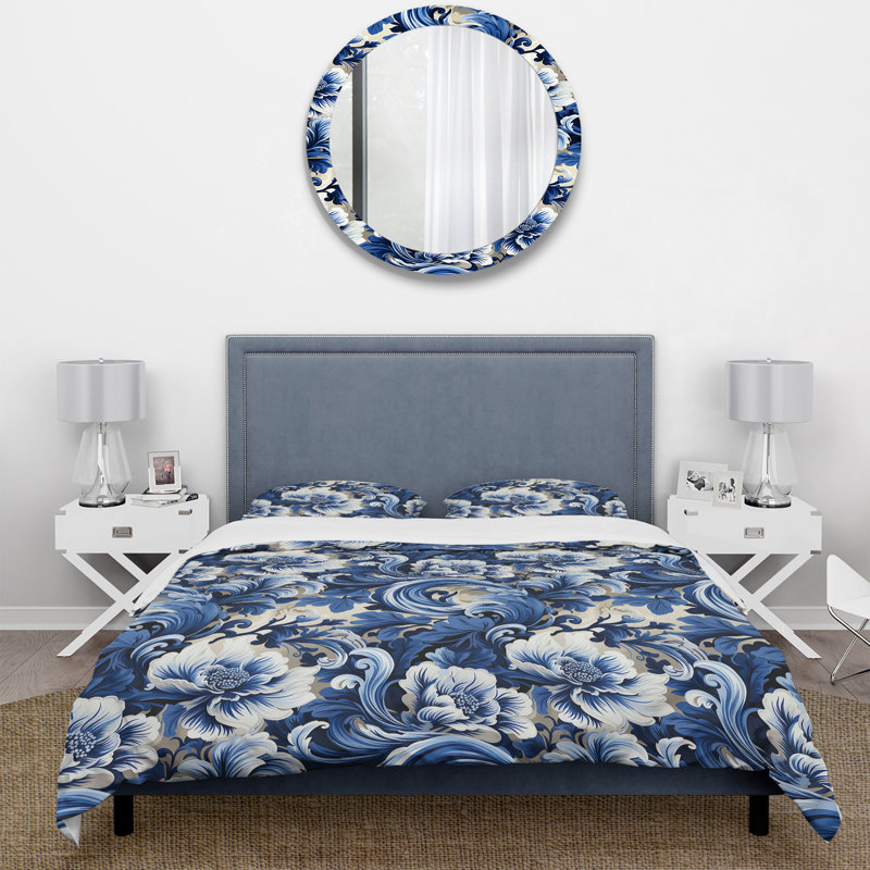 Ensemble de housse de couette Blue Victorian Scrollwork Victorian Pattern, Housse de couette pour grand lit et 2 taies décor