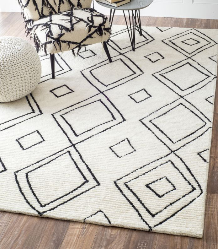 Tapis naturel en laine touffeté fabriqué à la main à motif géométrique Musselman, Rectangle de 5 pi x 8 pi