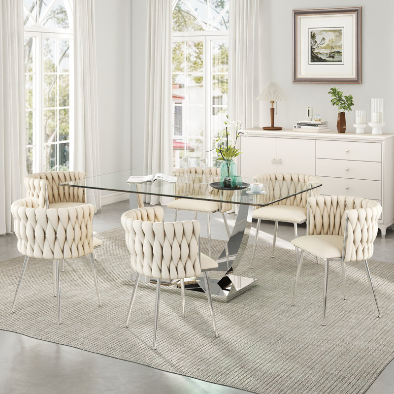 Ensemble de salle à manger rectangulaire à piédestal avec chaise tissée, H 29,5 po x L 63 po x l 35,4 po - Argent, Beige