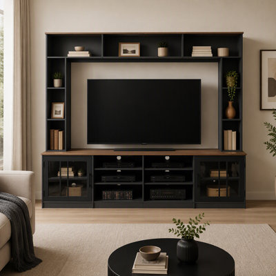 95.5" W Wall Unit Entertainment Center with Bookshelves for TVs up to 80", Modern TV Stand Media Console with Cabinets, Tempered Glass Doors and Adjus