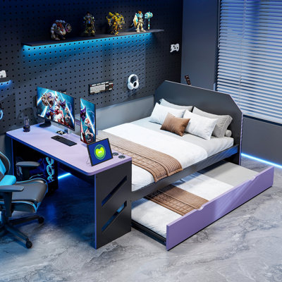Full Size Wood Daybed with Twin Size Trundle,Desk and USB