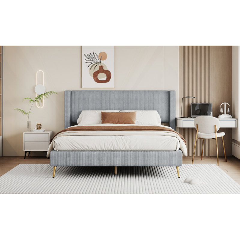 Grand lit plateforme tapissier Daventry, Gris 1