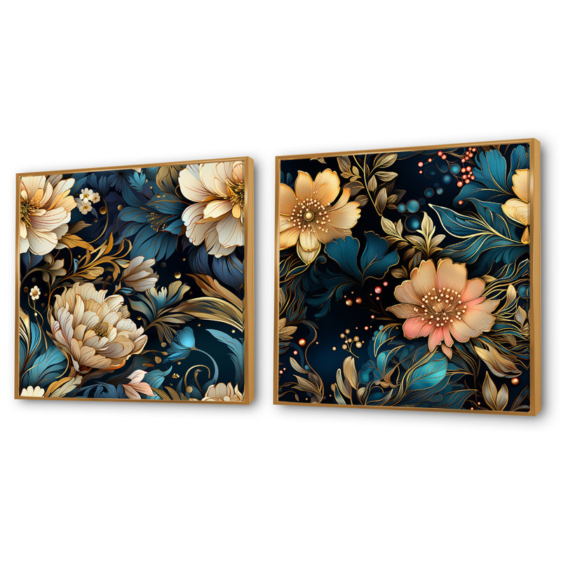 Celya - Ensemble de 2 collages carrés floraux, Cadre flottant doré, H 16 po x l 33 po