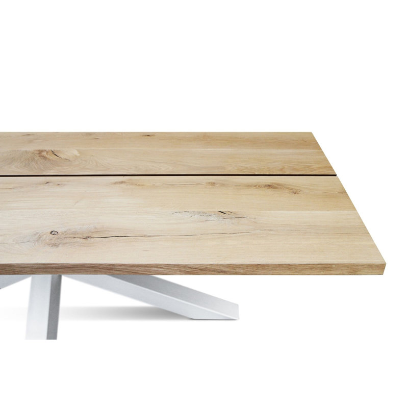 Oak Solid Wood Top Metal Base Dining Table, Natural/White, 75cm H x 240cm W x 100cm D