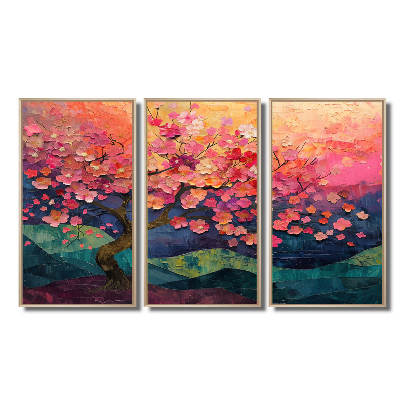 Vibrant Cherry Blossom Tree II - Ensemble de décoration murale cerisier en fleurs, Toile naturelle avec cadre flottant