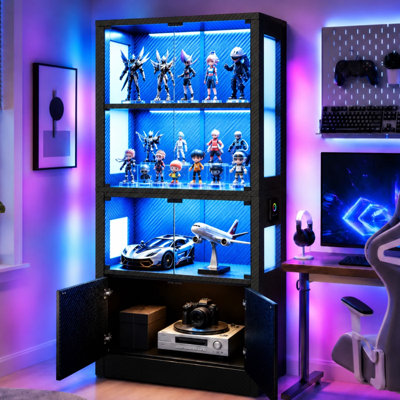 Vitrine à 4 niveaux de 165 cm (65 po) avec éclairage DEL, portes vitrées, détecteur de mouvement, noire
