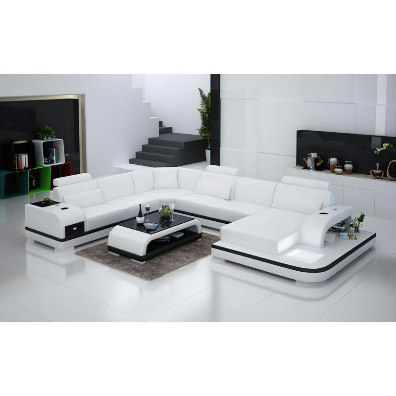 Canapé modulaire faisant face à la droite de 148 po en cuir véritable Lindzie, Cuir véritable blanc / noir