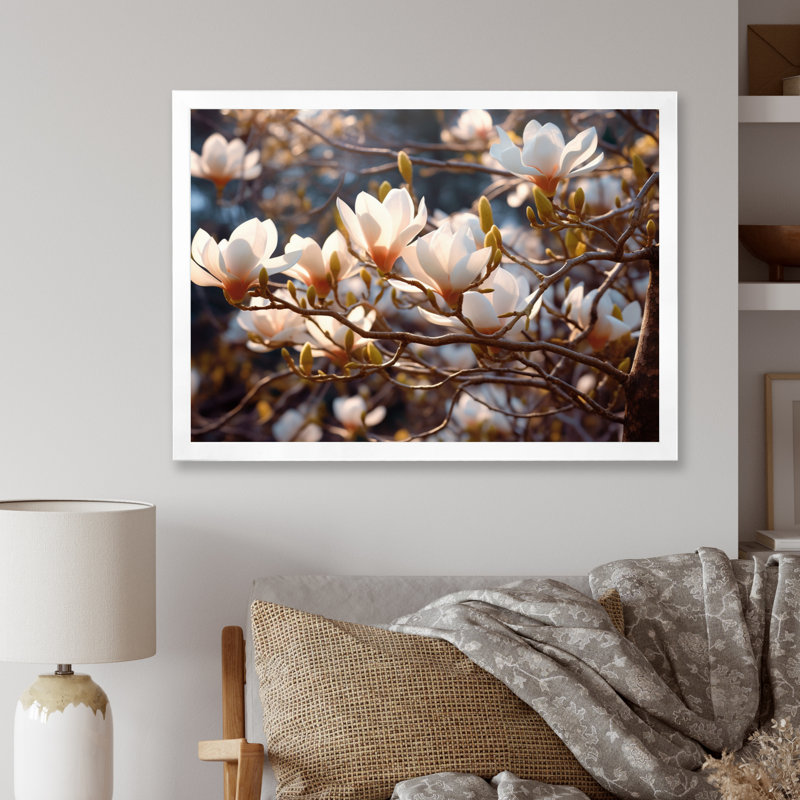 Paysage de magnolia blanc et rose V, H 34 po x l 44 po x P 1,5 po, Cadre photo blanc